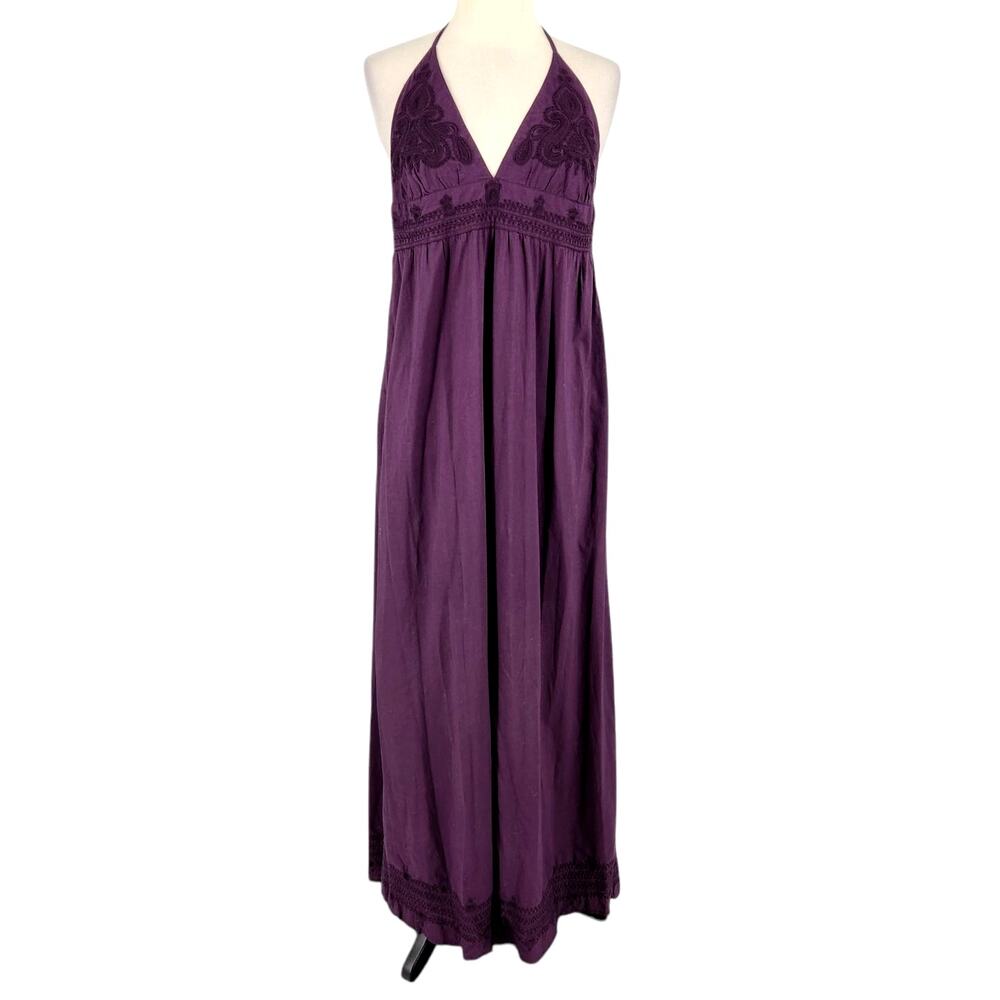 Lucky Brand Embroidered Cotton Halter Maxi Dress Cottagecore Boho Purple SZ Med